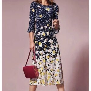 Boden Navy Polka Dot & Yellow Floral Midi Dress